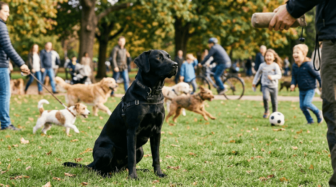 Dog training focus and attention despite surrounding distractions