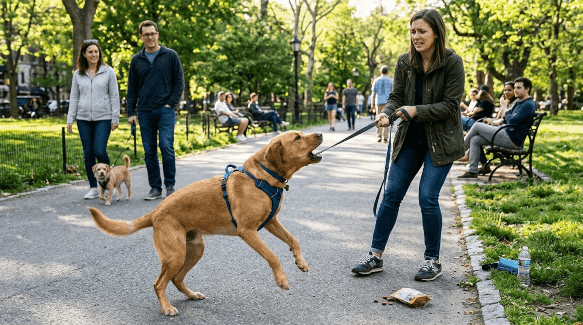Dog exhibiting misbehavior and challenging outdoor behavior.