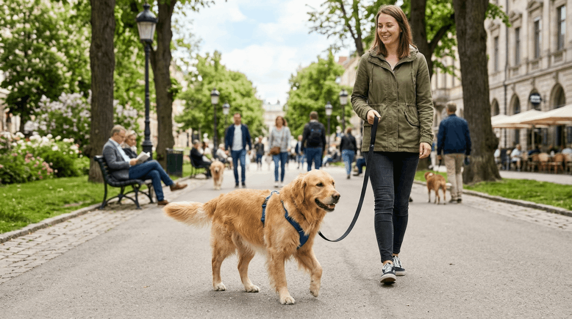Dog in public space with people around outdoor setting