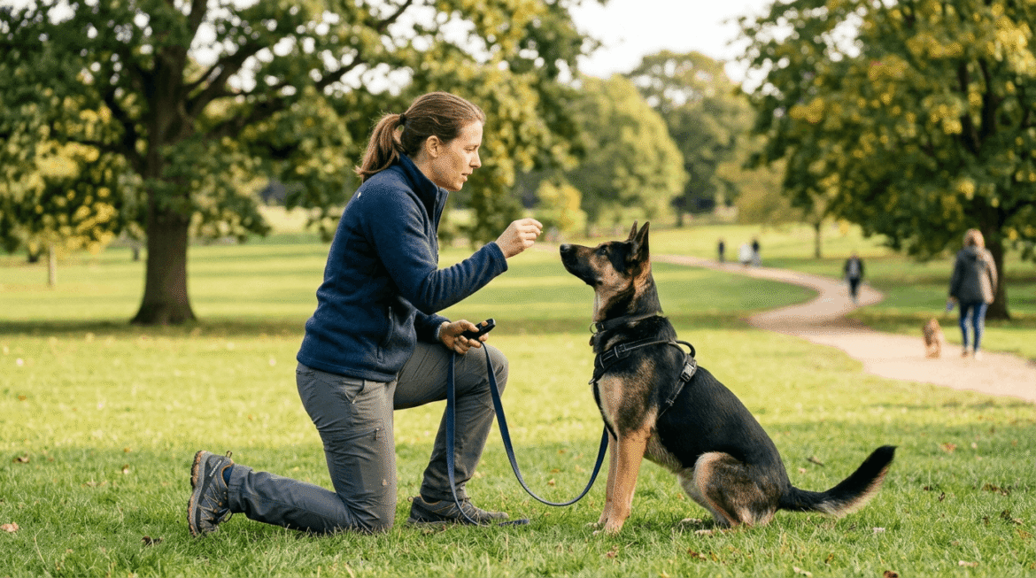 Reactive dog training session outdoors with owner and trainer