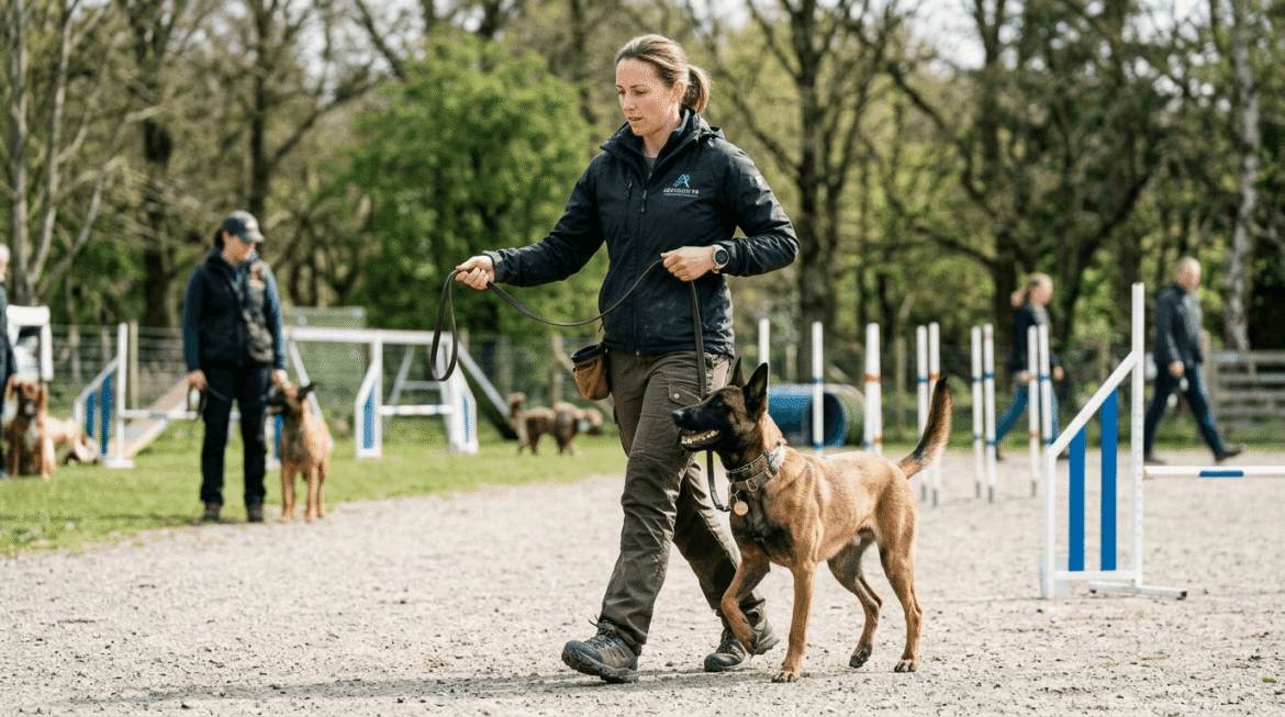 Advanced leash training with professional techniques and precise heel position commands.