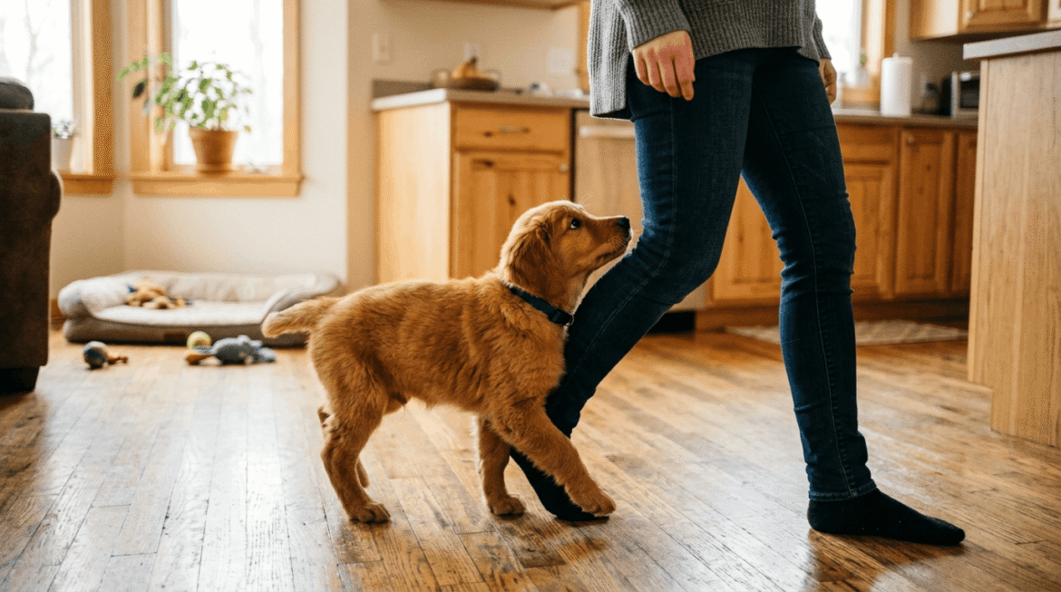 Clingy puppy showing anxious attachment and separation anxiety following owner constantly.