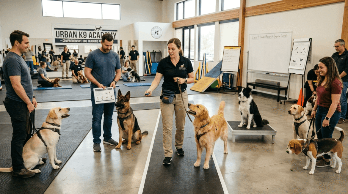 Dog training programs featuring professional group training sessions with structured curriculum and obedience education.