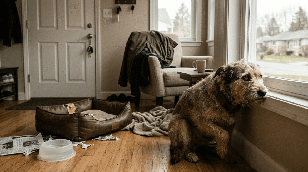 Severe separation anxiety showing distressed dog with extreme anxiety symptoms.