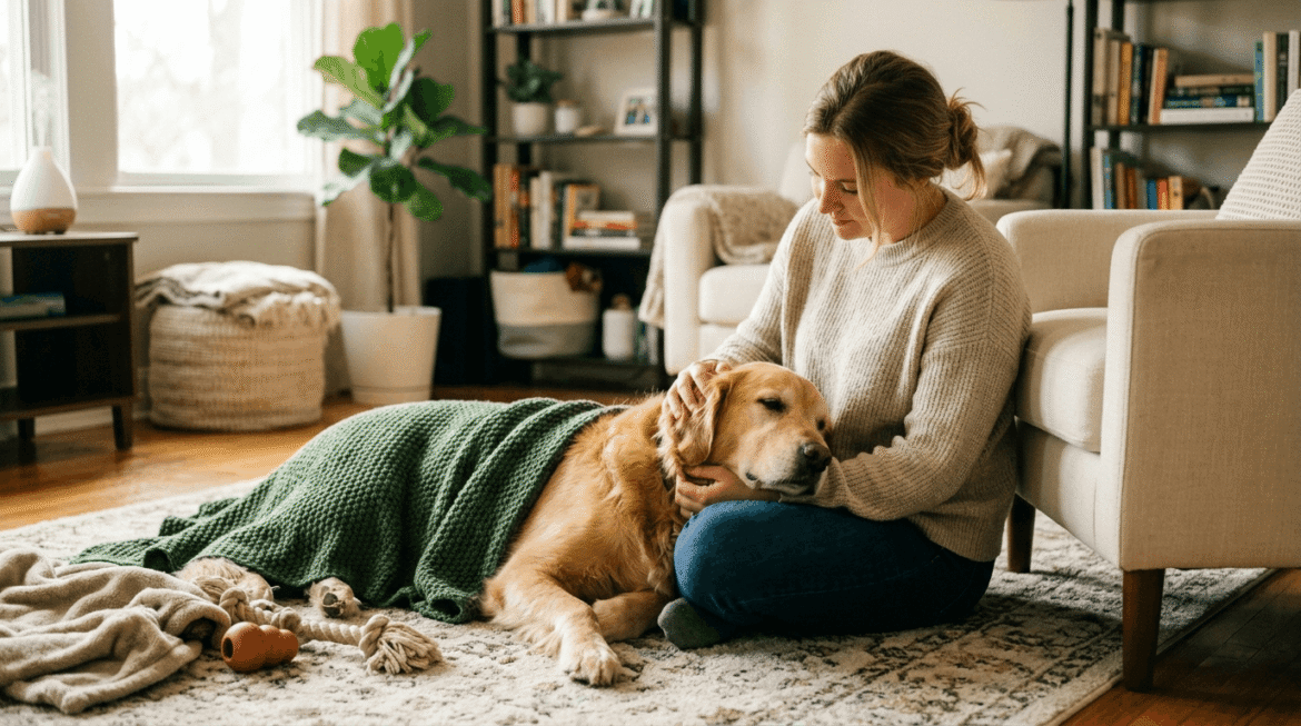 Reducing dog anxiety through calming environment and gentle owner reassurance.