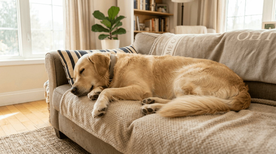 Stress free dog showing relaxed calm demeanor and peaceful state.