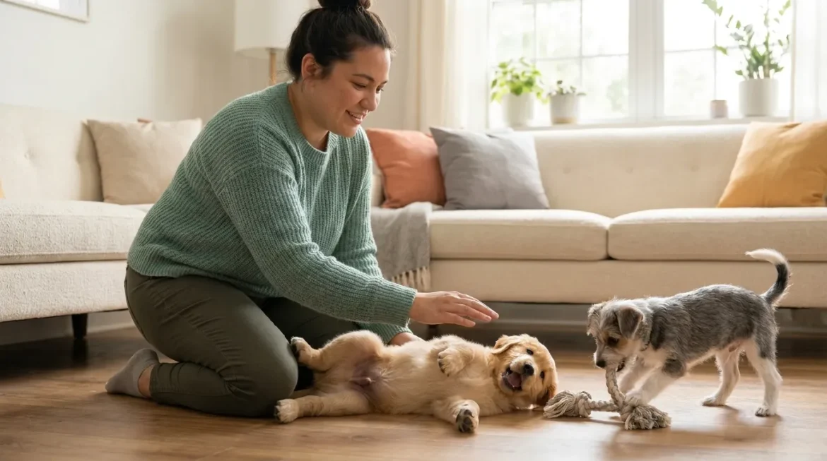 Puppy Socialization: Happy woman smiles, interacting with two playful puppies on floor, one golden retriever on its back