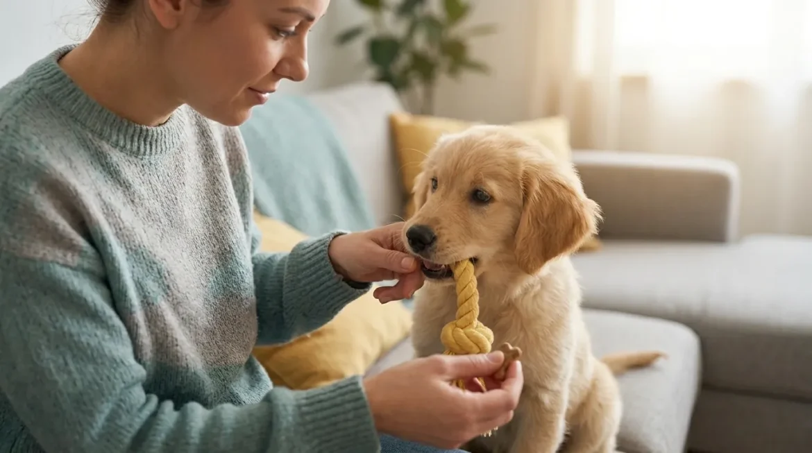 Woman gently playing with golden retriever puppy and rope toy, a solution for puppy nipping.
