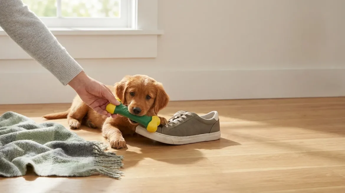 Puppy Socialization: Golden retriever puppy chews on a bone toy, distracted from a shoe, solving puppy chewing problems.