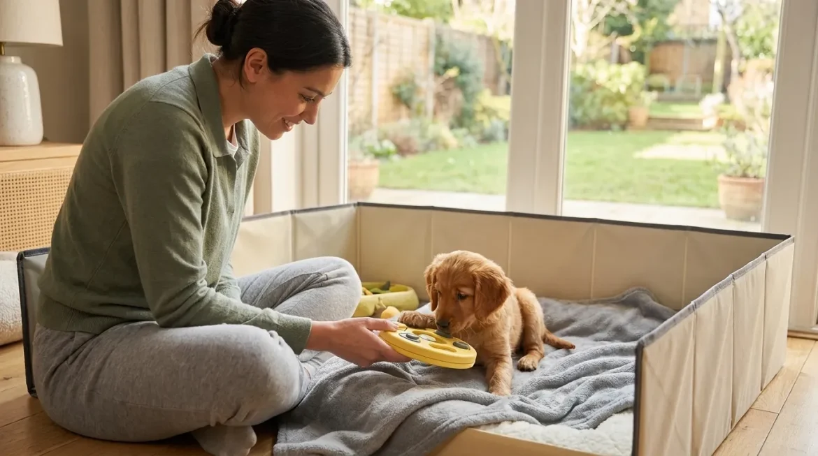 Puppy Socialization: Woman playing with golden retriever puppy in playpen, using a puzzle toy to prevent puppy separation anxiety