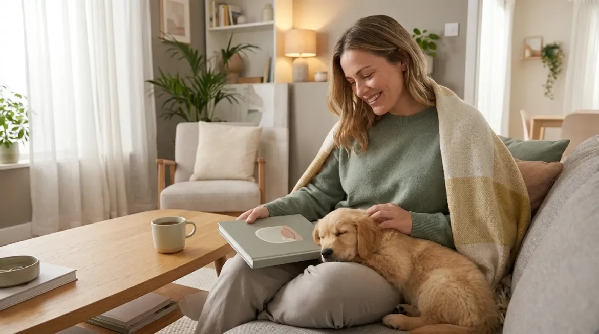 Puppy Socialization: Smiling woman pets sleeping golden retriever puppy on her lap, navigating the puppy blues as a first-tim