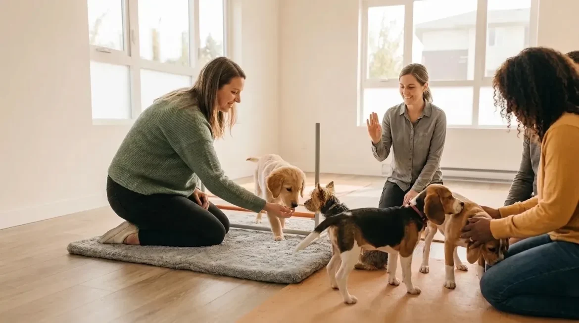 Puppy Socialization: Three women training and socializing with several puppies in a bright, modern room during puppy classes.
