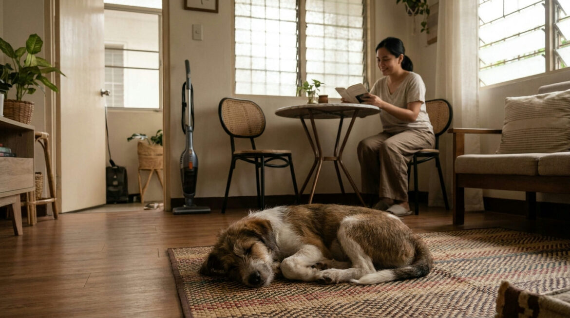 puppy household sounds with a calm puppy and distant vacuum