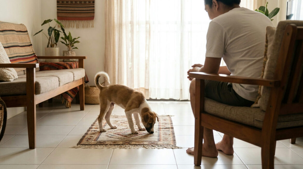 introducing your puppy to new surfaces on a rug at home