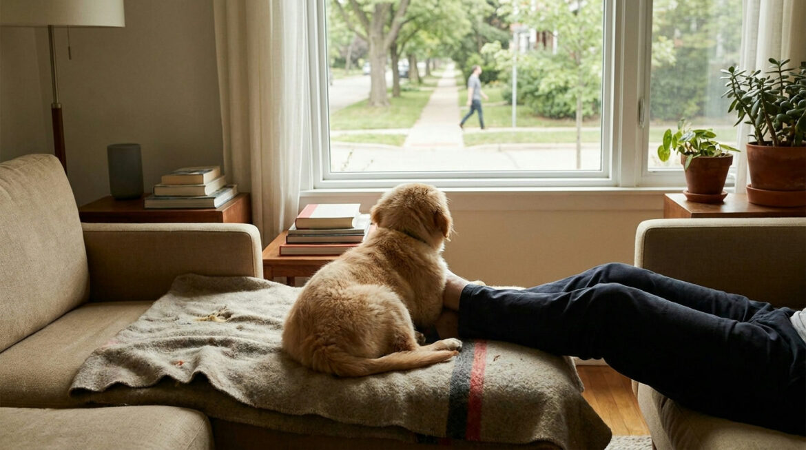 puppy watch people calmly from a distance