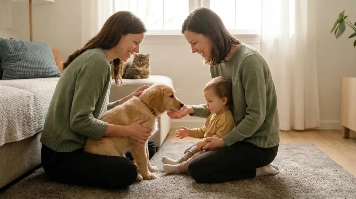 Puppy Socialization: A happy family introduces their golden retriever puppy to a baby and cat, demonstrating smooth pet intro
